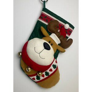 Whimsical Christmas Reindeer Green Stocking 16" Plush 3D Appliques Jingle Bells